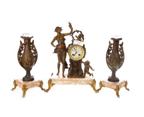FIGURAL SPELTER AND MARBLE CLOCK GARNITURE, two train eight day movement, Arabic numerals, mounted with a figure of a young m