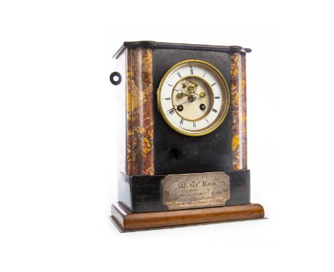 VICTORIAN BLACK SLATE MANTEL CLOCK, two train eight day movement, visible escapement, the white enamel chapter ring with Roma