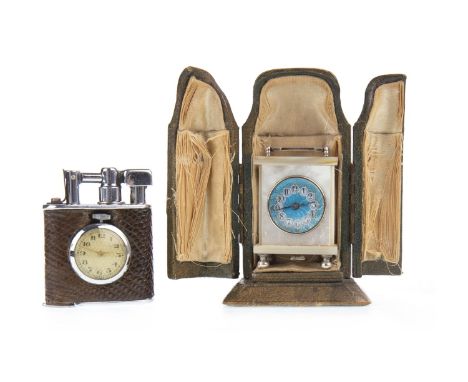 SILVER AND MOTHER OF PEARL MINIATURE CARRIAGE CLOCK, the blue guilloche enamel face with white Arabic numeral chapter circles