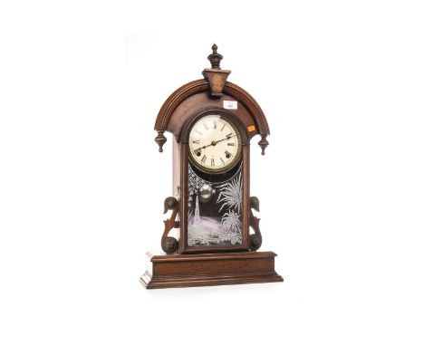 19TH CENTURY AMERICAN MAHOGANY MANTEL CLOCK, two train eight day movement, the cream paper dial with Roman numerals and inscr