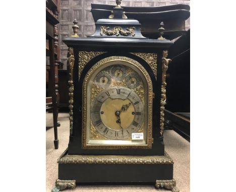 19TH CENTURY GEORGE III STYLE EBONISED BRACKET CLOCK BY EDWARD &amp; SONS,two train eight day movement, the silvered chapter 