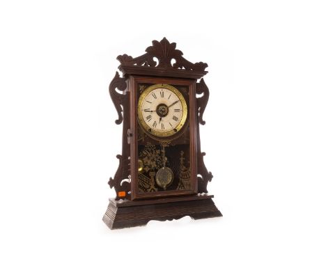 19TH CENTURY AMERICAN 'GINGERBREAD' MANTEL CLOCK, two train eight day movement, the round white paper dial with Roman numeral