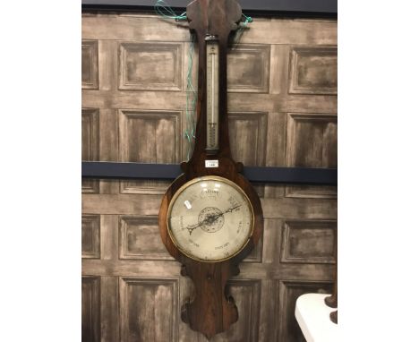 19TH CENTURY WHEEL BAROMETER, unmarked silvered dial below a mercury thermometer, contained in a rosewood onion-top case, 107