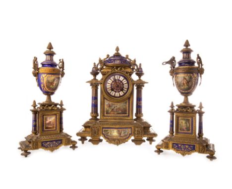 VICTORIAN GILTMETAL AND PORCELAIN MOUNTED CLOCK GARNITURE, two train eight day movement, the porcelain dial with Roman numera