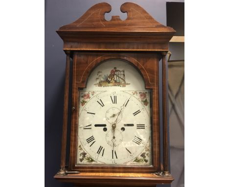 EARLY 19TH CENTURY LONGCASE CLOCK, two train eight day movement, white enamel dial painted with Roman numerals and two subsid