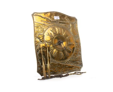 BRASS ARTS &amp; CRAFTS WALL HANGING CLOCK, of square shaped form, the dial embossed with Roman numerals and decorated with a