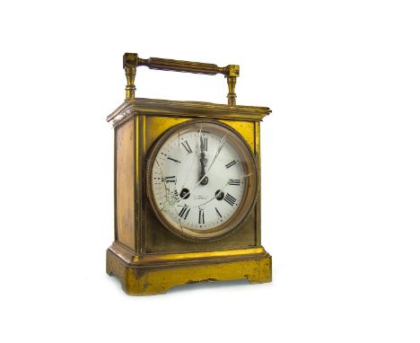 LARGE BRASS CARRIAGE STYLE CLOCK, two train eight day movement, the white enamel dial with Roman numerals, inscribed Wilson &