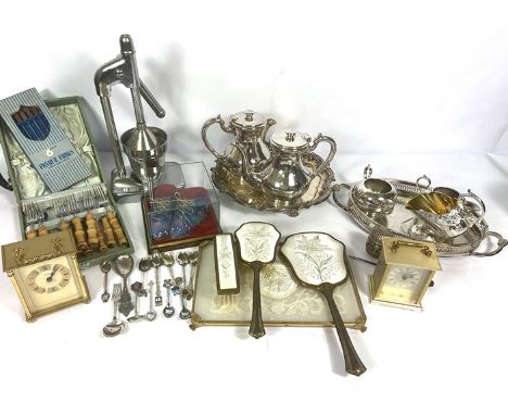 Miscellaneous silver plate and other works of art, including a silver plated tray, two modern carriage clocks, a dressing tab