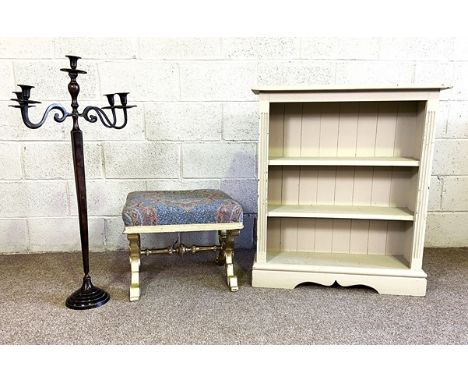 A modern painted three shelf open bookcase, together with a decorative Renaissance style candle stand and an 18th century sty