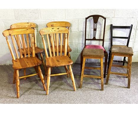 Four modern pine kitchen chairs, with two vintage stools and two side chairs; together with a modern stripped pine drop leaf 