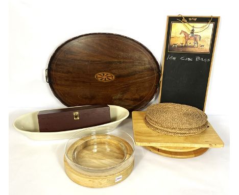 A George III style oval mahogany tea tray, 19th century, with inlaid marquetry paterae, 67cm wide; also a hunting themed blac