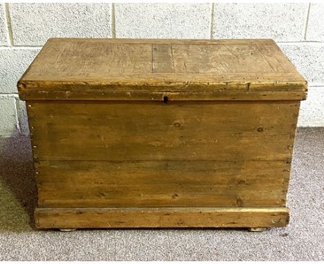 A vintage stripped pine tool or blanket chest, with a hinged and panelled lid, 58cm high, 89cm wide