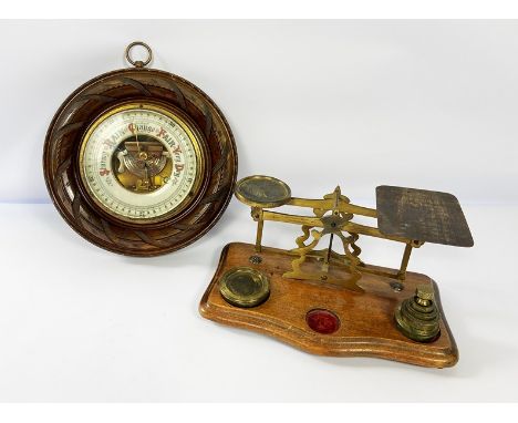 A&nbsp;late Victorian wall mounted aneroid barometer, with 27-31 scale; also a small postage scales, including a set of six b