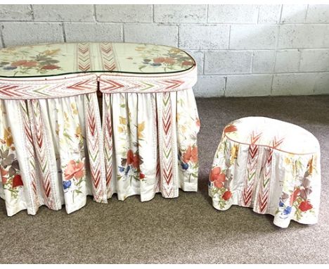 A vintage upholstered kidney shaped dressing table, with matching stool, all with floral upholstery, the table fitted with ar