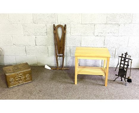 Assorted items, including a vintage folding boot jack; a small fire companion set; a pressed brass box and a small modern tab