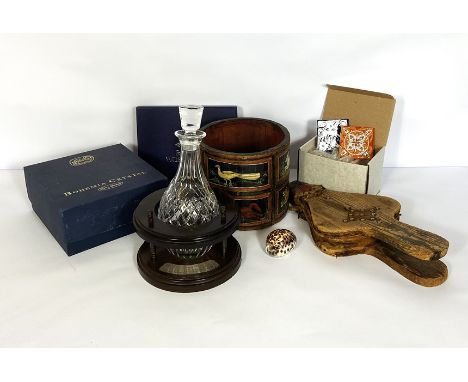 Assorted items, including a presentation decanter and stand; a small vintage bellows; decorative wall tiles; and a painted de