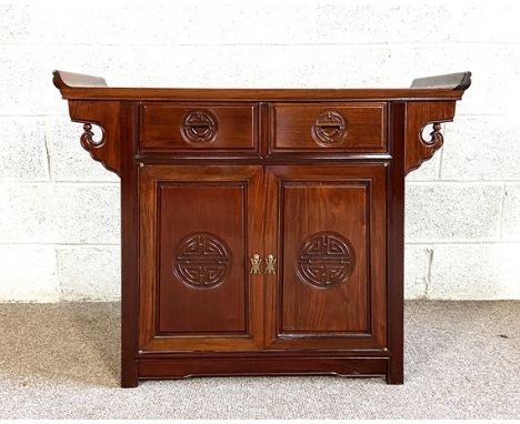 A Chinese hongmu alter style side cabinet, late 20th century; also a good nest of vintage Chinese quartetto tables (nest of f