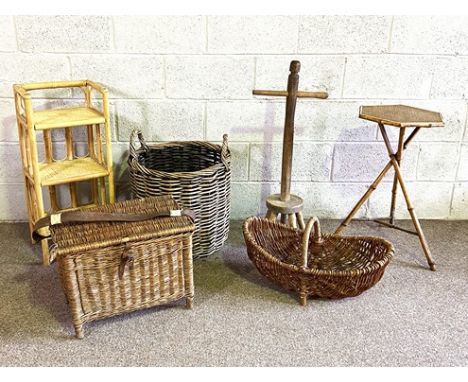 A group of vintage wicker baskets, also a provincial wool winding stool, a bamboo occasional table, and a three tier stand (6