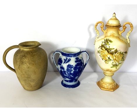 Five assorted decorative vases and jugs, including a large stoneware covered urn and a blue and white transfer printed vase (