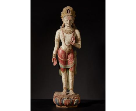 Himalayan Art A rare and important polychrome wooden figure of Padmapani Napal, Malla dynasty, 15th-16th century . . Cm 33,00