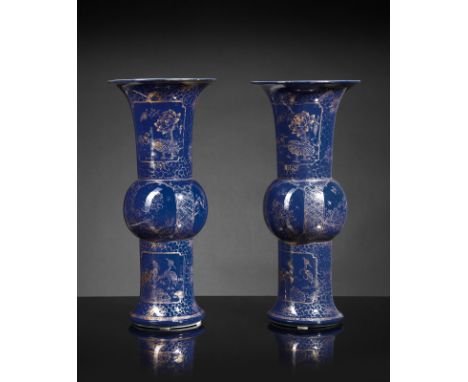 Chinese Art A pair of powder blue ground gilt decorated Yenyen vases China, Qing dynasty, Kangxi mark and period (1661-1722).