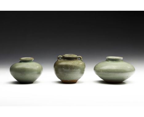 Chinese Art Three celadon glazed pottery containers China, Song dynasty (960-1279) . . Cm 10,00 x 6,50. A group of three cela