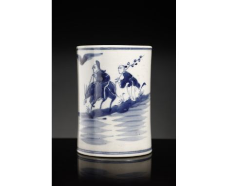 Chinese Art A porcelain Bitong brush holder China, Qing dynasty, 18th century . . Cm 8,50 x 12,00. Painted with white and blu