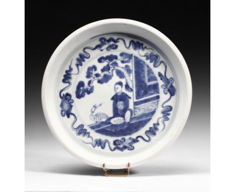 Chinese Art A Dehua plate with blue decorationChina, Transition (1620-1683). . Cm 26,00 x 3,00. Unusual Blanc de Chine saucer