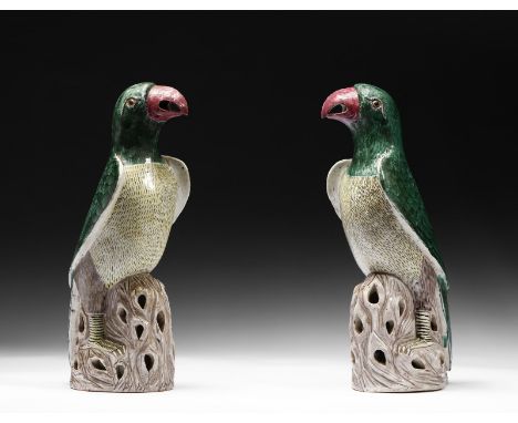 Chinese Art Two porcelain parrotsChina, Qing dynasty, Kangxi period (1661-1722). . Cm 11,00 x 30,50. pair of polychrome porce