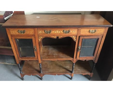 SIDEBOARD - early 20th century with attractive floral inlay. 3 drawers above open centre with 2 glass doored cupboards either