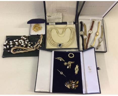 COSTUME JEWELLERY & WATCHES - to include 7 brooches, cased Pompadour simulated pearls, 3 necklaces and 5 ladies quartz watche