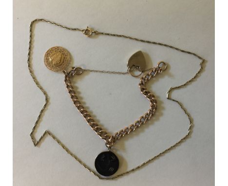 9CT GOLD - curb bracelet with 9ct padlock and 18ct Athens pendant along with a 9ct link chain. Total weight of gold 20g