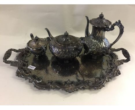 SILVER PLATED TEA & COFFEE SET - made by Cavalier to include coffee pot, teapot and sugar bowl on a large tray. Stamped "Silv