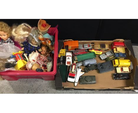 DINKY, CORGI ETC & DOLLS - box of loose Dinky, Corgi and Solido plus a box of assorted dolls.