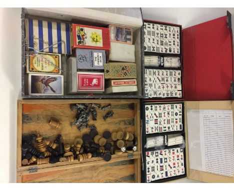 GAMES & CARDS - wooden chess and checkers board (with pieces inside), 2 cased Mahjong games and a box of 19 packs of playing 