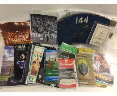 FOOTBALL - good collection of memorabilia to a Wembley stadium seat back complete with COA, 12 FA Cup Final programmes from 7