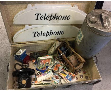 COLLECTABLE - good mixed job lot to include vintage telephone, fishing tackle and basket (3 reels, floats etc), numerous ciga