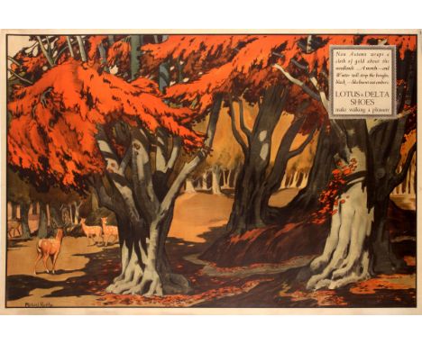 Original vintage advertising poster for Lotus &amp; Delta Shoes "Now Autumn wraps a cloth of gold about the woodlands. A mont