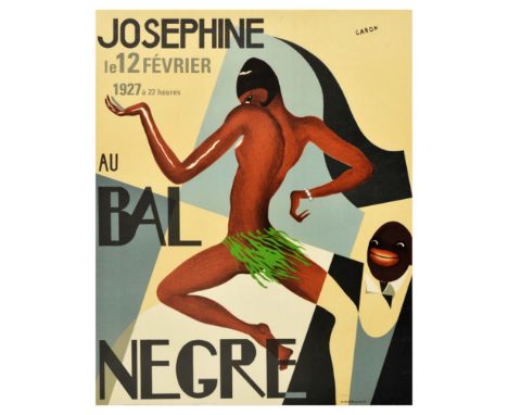 Later reissue of the 1927 poster for Josephine Baker au Bal Negre, featuring artwork by Caron. The art deco image shows Josep