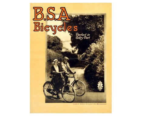 Original vintage advertising poster for B.S.A Bicycles - Perfect in Every Part. The poster features a black and white photogr