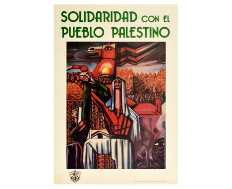 Original vintage propaganda poster celebrating solidarity between Spain and Palestine. The text in Spanish in green over the 