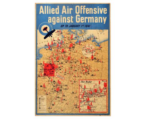 Original vintage propaganda poster depicting World War Two Allied Air Offensive against Germany up to January 1st 1941. The p