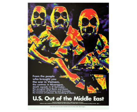 Original vintage anti USA propaganda poster. The poster features a thermal photograph of three soldiers dressed in uniforms h