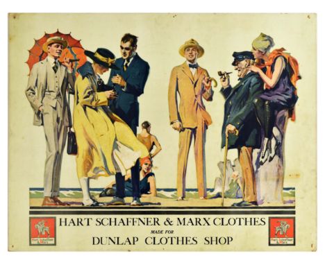 Original vintage advertising poster reading Hart Schaffner and Marx Clothes Made for Dunlap Clothes Shop. The image shows a g