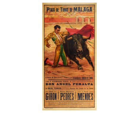 Original vintage advertising poster titled Plaza de Toros de Malaga / Malaga Bullring. The artwork by J Revs shows a matador 