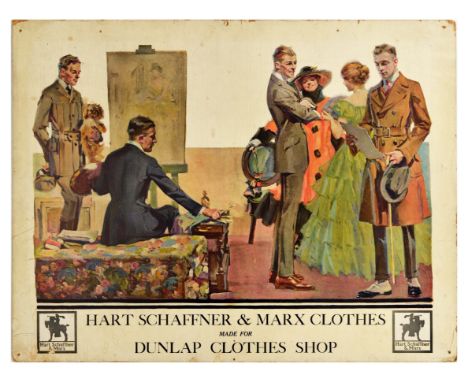 Original vintage advertising poster reading Hart Schaffner and Marx Clothes Made for Dunlap Clothes Shop. The image shows a g