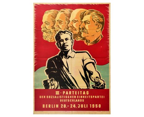 Original vintage propaganda poster by the Socialist Unity Party of Germany - Design features an image in black and white of a