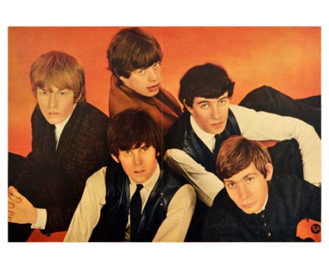 Original vintage poster of the Beatles issued by Fab magazine. The photograph shows the Beatles posing on an orange backgroun