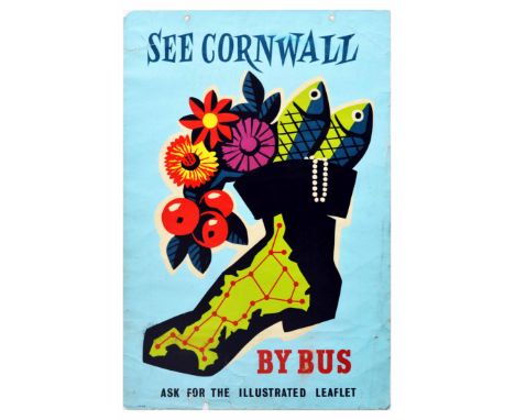 Original vintage travel poster inviting to - See Cornwall by bus. Ask for the illustrated leaflet. - the poster features a gr