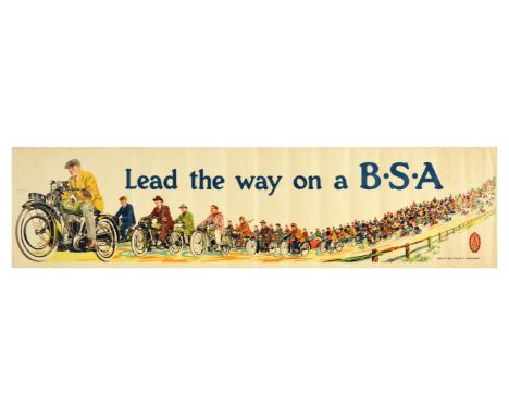 Original vintage advertising poster for BSA bicycles - Lead the way on a B.S.A. The poster shows a man in a yellow coat ridin